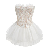 Dadizhimu Temperament High-End Breast-Wearing Sticker Wearing Fish Bone Skirt Sexy Pendend Mesh Bubble Dress Woman