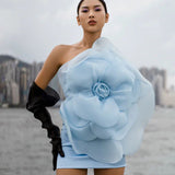 Dadizhimu Women's High-End Oblique Shoulder Decoration Flower Dress White Wedding Party Dress Step Skirt