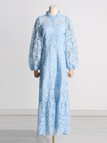 Dadizhimu 2025 New Long Dress French Retro Straight Collar Heavy Industry Embroidery Lantern Sleeve Waist High-End Dress Dress Woman