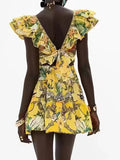Dadizhimu Trendy Design Dress 2025 New Fashion Flying Sleeve Print Lotus Leaf Side A Short Skirt Woman Trend