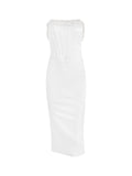 Dadizhimu Women's New Pearl Braped White Dress Fish Bone Repair Sexy Dress Elegant Open Fork Mid-Long Dress