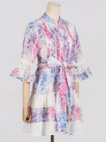Dadizhimu Bohemian Resort 2025 Spring New V-Neck Horn Sleeve Embroidery Printed Dressed Dress Woman