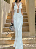 Dadizhimu Hanging Neck Folded Empty White Dress Woman Elegant Back Dress Dress Dress Banquet Femininity