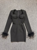 Dadizhimu Explosive High-Quality Women's Dress Long-Sleeved Feathers Tight Bandage Skirt