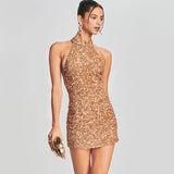 Dadizhimu Women's Sexy Bare Back Hanging Neck Slit Mini Dress Famous Party Dress Woman