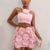 Dadizhimu Sexy Suit Top Hanging Neck Decoration Flower Skirt Temperament Women's High-End Short Dress Two Sets
