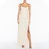 Dadizhimu Style Dress 2025 New Temperament Pure Color Folding Open Fork Design Sexy Long Dress