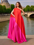 Dadizhimu Elegant Dress 2025 Spring New Slant Shoulder Splicing Colliding Color Niche Personality Loose Body Dress Dress Woman