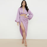 Dadizhimu Deep V-Navel Top High Open Skirt Set Satin Night Shop Sexy Dress