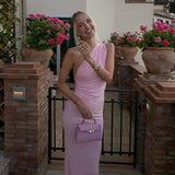Dadizhimu Sexy Pink Oblique Shoulder Back Strap Dress French Body-Repair Seaside Dress Long
