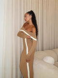 Dadizhimu And Sexy Shoulder-Collision Dress Knitted Long-Sleeved Shoulder Banded Evening Dress
