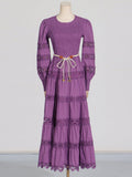 Dadizhimu Retro High-End Long Dress 2025 Spring New Hollow Tie Solid Color Waist Thin Dress Woman Trend