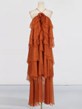 Dadizhimu Temperament Famous Style Splicing Lotle Leaf Side Dress 2025 Summer New Hanging Neck Design Long Dress Dress Woman