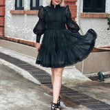 Dadizhimu Retro High-End Short Dress 2025 Summer New Fashion Collar Lantern Sleeve Mesh Waist Dress Dress Woman