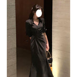 Dadizhimu Design Sense Of The Rice White V-Neck Shirt Dress Gentle Temperament Female Folds To The Waist Thin Fishtail Dress