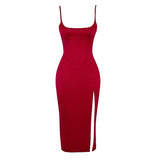 Dadizhimu Women's Pure-Color U-Neck Under The Fork Sling Skirt Fashion Sexy Dress