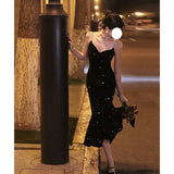 Dadizhimu People French Slings Inside And Outside Wearing A Dress Velvet Fishtail Temperament Black Cane Banquet Evening Dress Dress