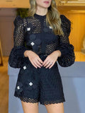 Dadizhimu New Design Embroidery Lace Fashion Suit Women Two Sets Of Lantern Sleeve Top + Casual Shorts Women