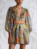 Dadizhimu Retro-Print Dress 2025 New Temperament V Tie Collar Collar Slimming Short Skirt Woman