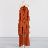 Dadizhimu Temperament Famous Style Splicing Lotle Leaf Side Dress 2025 Summer New Hanging Neck Design Long Dress Dress Woman