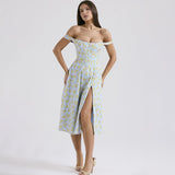 Dadizhimu Women's Spring Female Fish Bone Slings Broken Flower Dress Body Open Fork Long Skirt