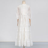 Dadizhimu Temperament Literary Style Embroidery Design Solid Color Dress 2025 New Lantern Sleeve Strap To Collect Waist Long Dress Dress Woman
