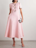 Dadizhimu And South Korea Casual Style Sweet Dress 2025 New Neck Collar Diamond Design Splicing Bow Long Dress Dress Woman