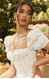 Dadizhimu Women's Dress French Fashion Elegant Floral Long Dress Female Bare Backs Open Fork Bubble Sleeve Dress
