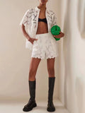 Dadizhimu New Niche Design Sense Lace Embroidered Collar Shirt Top + Casual Shorts Fashion Two-Piece Set Of Women