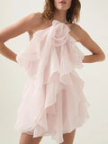 Dadizhimu Temperament Sexy High-End Short Dress 2025 Summer New Hanging Neck Three-Dimensional Flower Design Strapped Sleeveless Dress