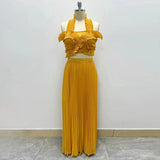 Dadizhimu Elegant Wind Two Sets 2025 New Chest Hanging Neck Loaf Side Top + High Waist Pressure Folded Skirt Dress