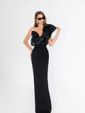 Dadizhimu Women's Sexy Temperament Slant Shoulders Irregular Thin Open Fork Dress Elegant Banded Evening Dress