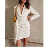 Dadizhimu A White V-Neck Banquet French Famous Style Dress Girded Long Sleeve Skirt