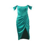Dadizhimu Women's New Card Shoulder Bosom Grated Fish Bone Repair Fork Solid Color Fashion Sexy Dress