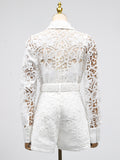 Dadizhimu Fashion Collar Embroidery Set 2025 New Sexy Hollow Flower Shirt + Temperamental Belt Shorts Woman