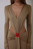 Dadizhimu Sexy V-Necked Long-Sleeved Dress Waist Decor Flower Open-Forked Pouse Dress Dress Dress Long