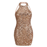 Dadizhimu Women's Sexy Bare Back Hanging Neck Slit Mini Dress Famous Party Dress Woman