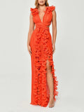 Dadizhimu Open Fork Dress 2025 New Autumn V-Neck Wood Ear Design High-Waist Long Dress Woman