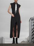 Dadizhimu 2025 New High-End Sense Collar Hollow Open-Fork Temperament Black Dress Tie Long Dress Woman Trend
