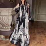 Dadizhimu Mesh Dress 2025 New Retro Ink Print Design Waist Long Dress Dress Woman