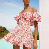 Dadizhimu 2025 New High-End Feeling Shoulder Lotus Leaf Embroidery Waist Thin Holiday Dress Dress Dress Dress Woman