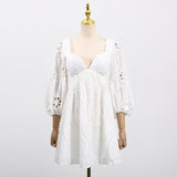 Dadizhimu Deep V-Neck Bubble Sleeves Solid Dress 2025 New Fashion Hollow Back Design Short Dress Woman