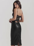 Dadizhimu Women's Sexy PU Leather Sling Skirt Tight Back Strap Bag Hip Leather Skirt Open Dress