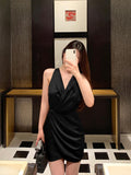 Dadizhimu New Long-Sleeved French Temperament Design Small Silk And Satin Noodle Folds To Collect Thin Dress Women