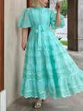 Dadizhimu Temperament Literary Style Embroidery Design Solid Color Dress 2025 New Lantern Sleeve Strap To Collect Waist Long Dress Dress Woman
