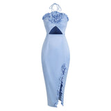 Dadizhimu New Decoration Flowers Sexy Party Dress With Chest Bare Back Strap Open Skirt Dress Long