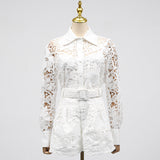 Dadizhimu Fashion Collar Embroidery Set 2025 New Sexy Hollow Flower Shirt + Temperamental Belt Shorts Woman