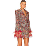 Dadizhimu High-End Women's V-Neck Broken Floral Dress Cuffed Feathers Elegant Dress Coat