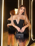 Dadizhimu Shoulder-To-Shoulder-In-Word Collar V-Bode Ostriches Woolen And-Bobow-Bow-Bowded Dress Bandage Dress