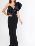 Dadizhimu Women's Sexy Temperament Slant Shoulders Irregular Thin Open Fork Dress Elegant Banded Evening Dress